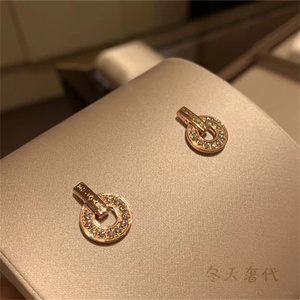 代购bvlgari/宝格丽经典铜钱耳环18k玫瑰金圆饼镂空满钻女士耳钉