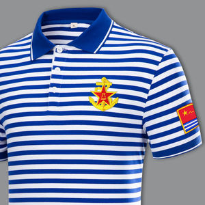 新款 衫翻领海军衫男短袖带领t恤纯棉有领绣标半袖蓝白条纹海魂衫