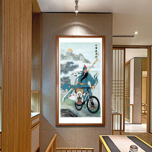 关二爷千里走单骑挂画 关公骑自行车卷轴画 关羽网络搞笑画像包邮