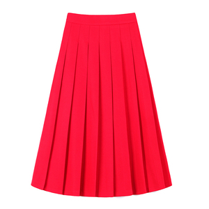 红色小众设计感半身裙中长款夏季黑色百搭短裙高腰百褶裙a型女裙