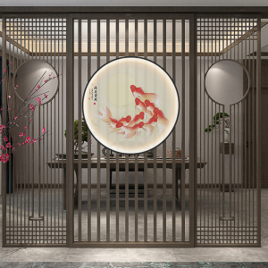 新中式圆形led透光丝绢灯画屏风隔断纱画九鱼招财玄关装饰画