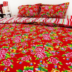 被单枕套中国风家居东北大花布牡丹花四件套床品被罩床单古典布料