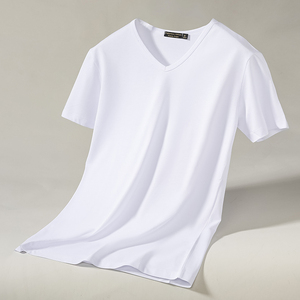 2件】夏季短袖t恤男V领冰丝莫代尔半袖凉感速干修身白色打底衫男
