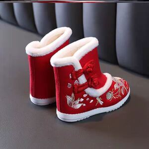 宝宝过年鞋子儿童汉服鞋女童新年配唐装汉服的冬季加绒绣花鞋棉鞋