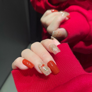 法式假指甲贴片成品穿戴式可拆卸红色水波纹显白新娘甲孕妇美甲片