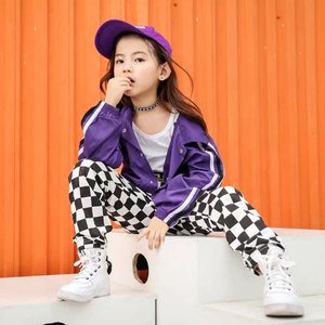 2018秋新款少儿爵士紫色短款上衣欧美嘻哈宽松街头潮长袖外套女童