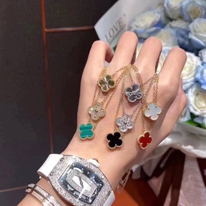 vca/梵克雅宝六花项链18k白金满钻四叶草不规则毛衣链女手链 耳钉