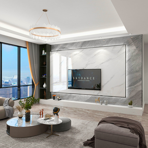 2021岩板悬空电视背景墙现代轻奢实木栅格大理石客厅大板影视墙