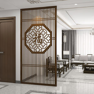 新中式入户玄关隔断屏风雕花福字现代简约客厅家用实木座屏装饰墙