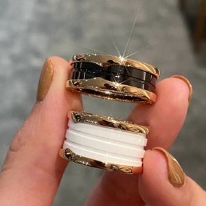 宝格丽黑白陶瓷戒指18k玫瑰金白金双环四环宽窄版弹簧男女对戒