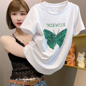 小众韩版女装2024新款洋气减龄显瘦T恤蝴蝶亮片上衣时髦夏季短袖