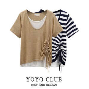 yoyo club大码女装假两件拼接条纹t恤微胖女生夏季薄款短袖上衣服