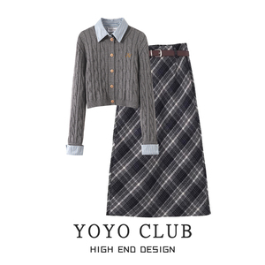 YOYO CLUB大码女装冬季假两件针织衫格纹半身裙梨形身材穿搭套装