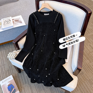 yoyo club大码女装法式长袖连衣裙秋冬季赫本风重工钉珠小黑裙子