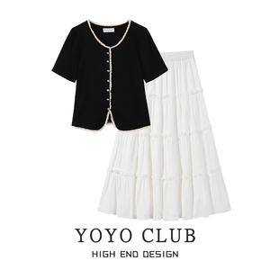 YOYO CLUB法式正肩V领短袖T恤女夏季高腰白色半身裙胖mm显瘦套装