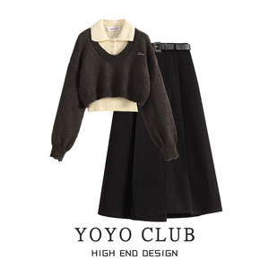 YOYO CLUB大码女装复古短款毛衣两件套冬季毛呢半身裙学院风套装
