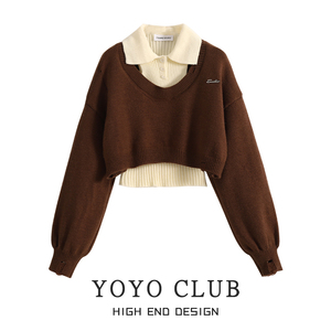 YOYO CLUB学院风短款破洞毛衣女秋冬季穿搭两件套装针织衫上衣