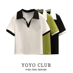 yoyo club大码女装设计感撞色正肩t恤夏季盐甜系穿搭学院风polo衫