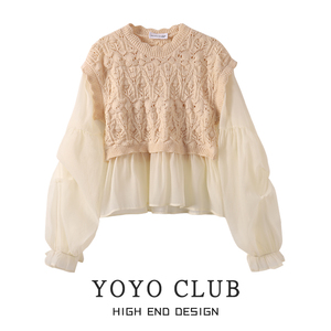 YOYO CLUB拼接针织假两件长袖衬衫春季蕾丝钩花法式甜美气质上衣