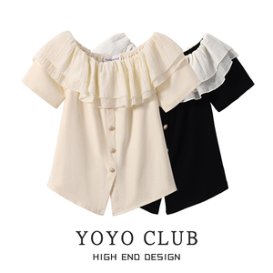 YOYO CLUB法式露肩一字领短袖t恤夏季大码拼接雪纺不规则开叉上衣