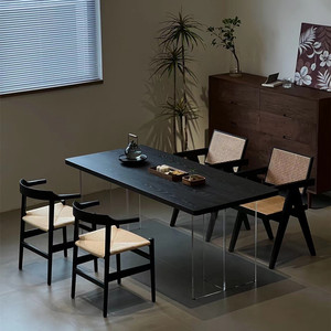 轻奢亚克力悬浮餐桌长方形实木黑色办公桌家用书桌客厅茶桌椅组合