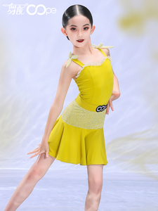 夏季新款套装oope舞配少儿拉丁舞服黄色吊带裙拉丁舞练功服女童