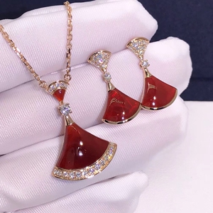 bvlgari宝格丽扇形红玉髓项链18k玫瑰金镶钻小裙子弹簧项链耳钉