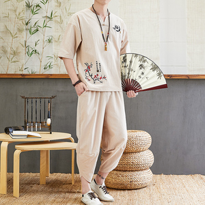 麻睡衣套装男中国风汉服麻布唐装大码薄款短袖长裤棉麻家居服潮