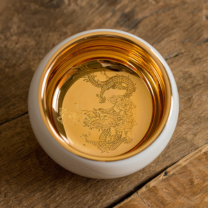 纪诗哲纯金24k羊脂玉瓷杯黄金盏杯陶瓷功夫茶具纯手工鎏金主人杯