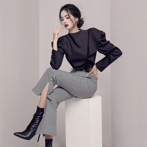 三彩白秋季女装立领荷叶边上衣千鸟格修身开叉喇叭裤职业套装两件