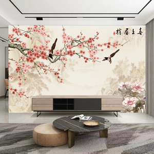 18d喜上眉梢电视背景墙壁纸壁画客厅35d梅花墙纸大气花鸟影视墙布