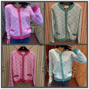 香港直邮代购gucci/古驰秋冬双g提花羊毛混纺针织开衫毛衣外套女