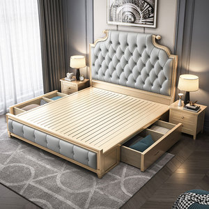 美式轻奢实木床简约现代1.8m主卧高端大气双人软包床高箱储物婚床