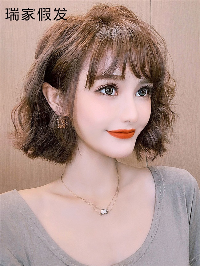 瑞家假发女短发真发自然全头套短卷发波波头羊毛卷全真假发套气质