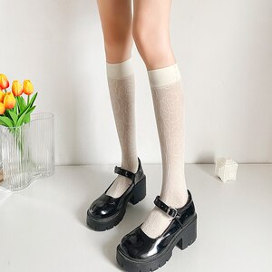 白色jk袜子女长筒袜夏季薄款甜美玫瑰蕾丝高筒袜性感黑色小腿新款