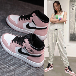 耐克aj女鞋钟楚曦百搭樱花粉高帮板鞋加绒棉鞋空军一号休闲运动鞋