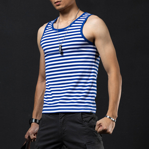 男士海魂衫背心俄罗斯海军条纹健身体能训练服无袖t恤蓝白莫代尔
