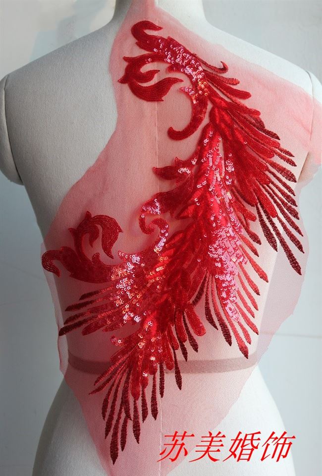 金红色亮片刺绣凤凰孔雀羽毛凤尾凤羽花纹布服装贴片蕾丝花贴布贴