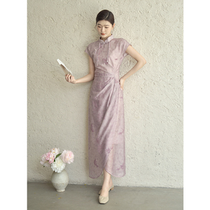 山有色新中式紫色气质禅意刺绣花苞裙女夏季国风天丝麻短袖连衣裙