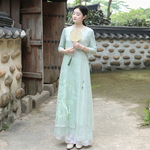 茗露-山有色原创设计中国风女真丝绡刺绣长款仙女禅茶人服连衣裙