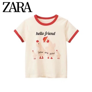 ZARA品牌童装2024夏季新款女童t恤儿童可爱运动圆领短袖纯棉上衣