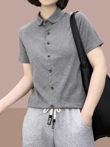 灰色polo衫短袖T恤女2024新款夏季高端大牌扣子衬衫欧货小衫上衣