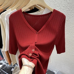 冰丝v领针织短袖开衫女春夏薄款修身显瘦半袖体恤红色T恤正肩上衣