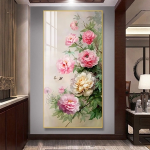 牡丹花入户玄关装饰画竖版新中式走廊过道挂画花开富贵客厅壁画