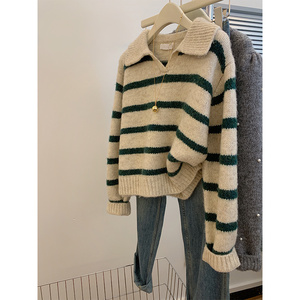 绿色条纹polo领针织毛衣女秋冬冬季小个子慵懒风宽松短款加厚上衣