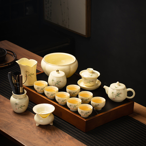 景德镇高档羊脂玉茶具套装黄宝石陶瓷泡茶盖碗茶壶客厅家用办公功