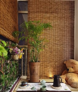 芦苇帘子饭店餐厅墙面装饰吊顶田园外装茶室透光落地窗草席卷帘.