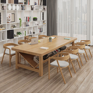 北欧实木书桌书架一体学习桌简约家用办工桌客厅长条收纳书桌子