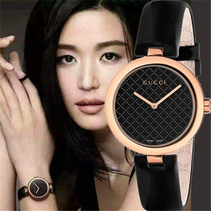 代购古驰gucci全智贤黑色时尚休闲简约玫瑰金气质女手表ya141401