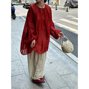 红色中长款亚麻长袖防晒罩衫袍子女新中式宽松胖mm大码衬衫上衣夏